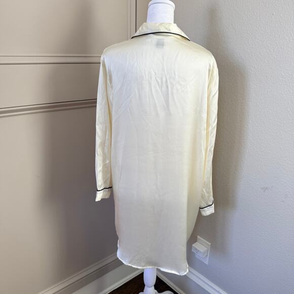Oscar Rossa 100% Silk Ivory Sleep Shirt with Black Piping Size Small - Picture 3 of 4